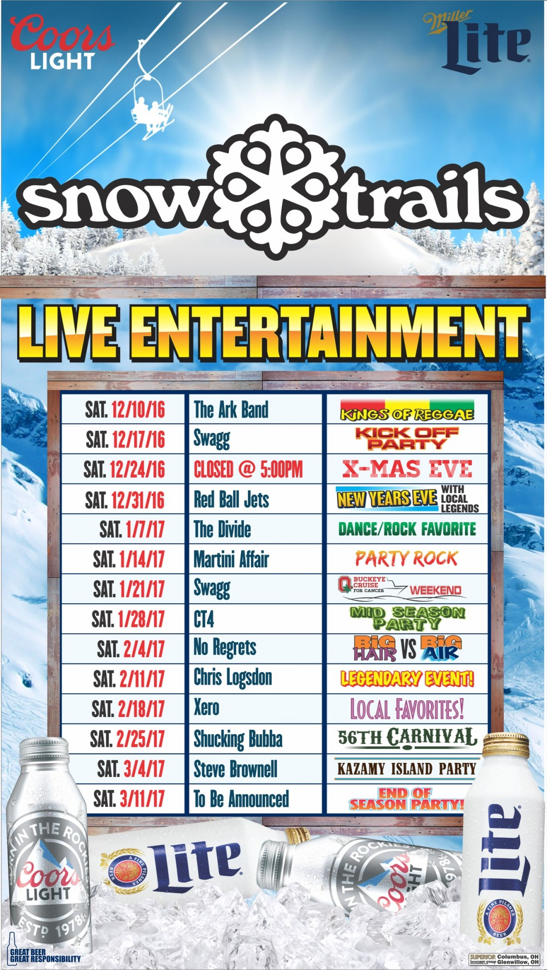 Snow Trails Live Entertainment Schedule 2016-'17