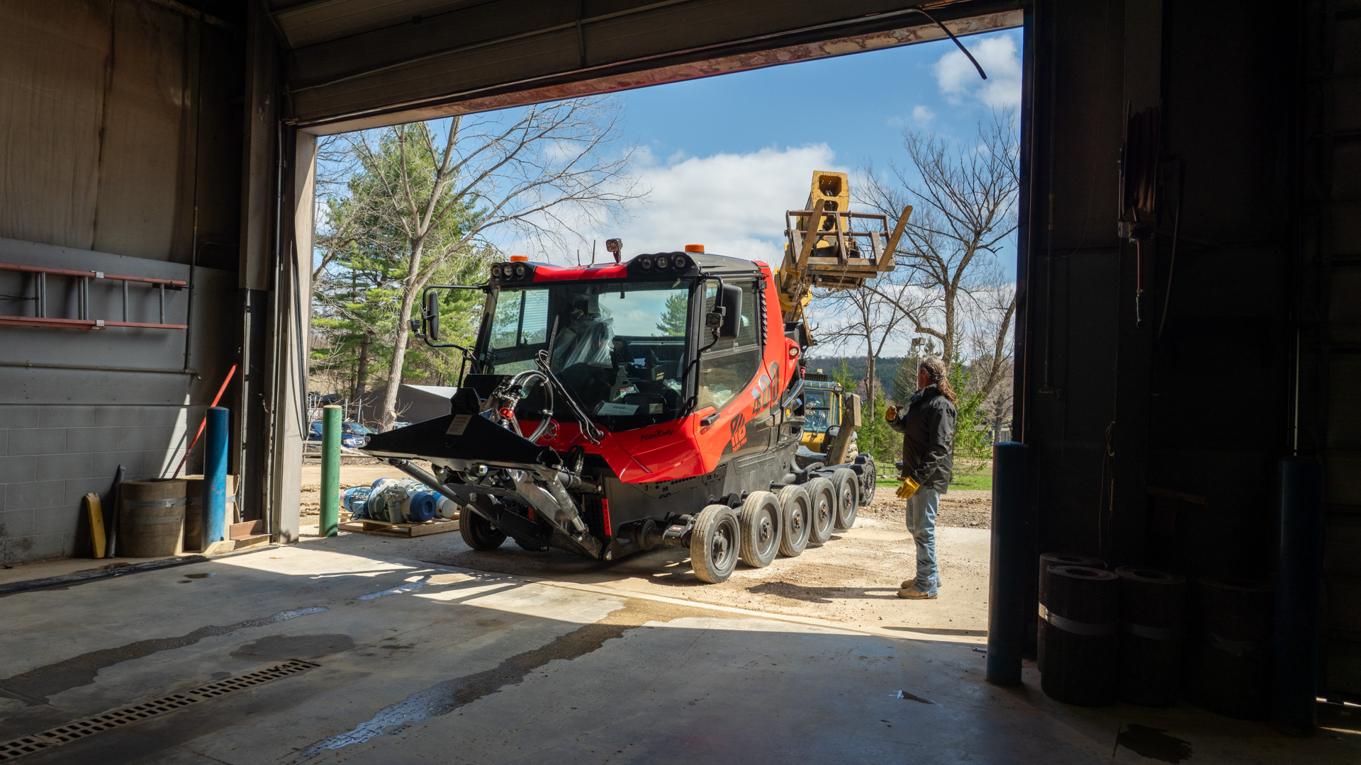 New Pisten Bully 400 ParkPro Snow Groomer Entering Maintenance Facility at Snow Trails Mansfield, Ohio