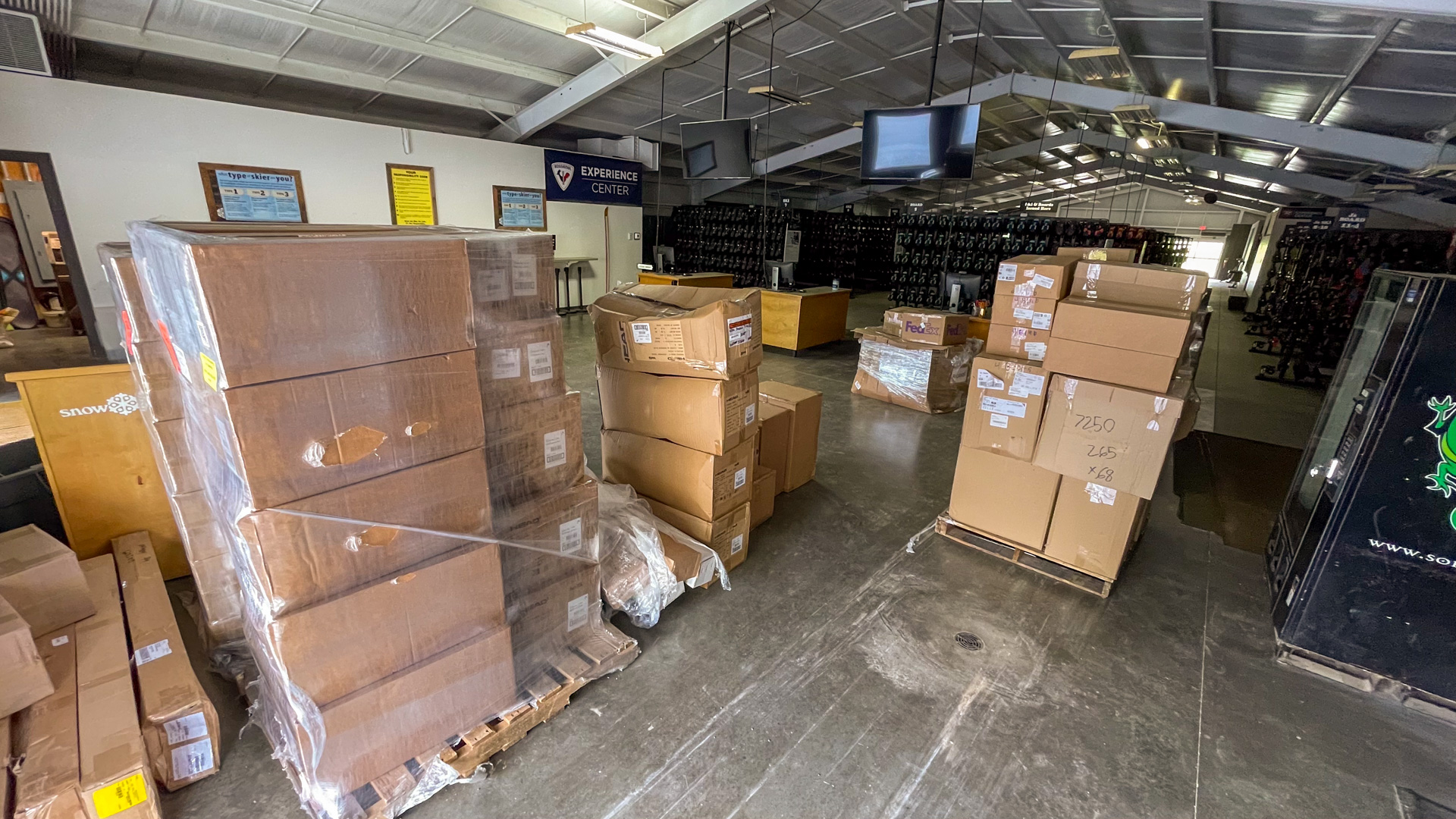 Boxes of New Ski and Snowboard Equipment in Rental Center at Snow Trails Mansfield, Ohio