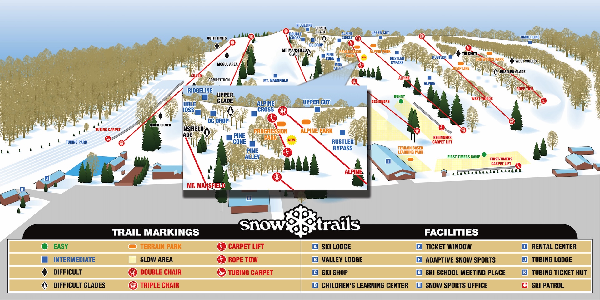 Trail Map - New Addition of Rope Tow for Alpine and Progression Terrain Parks at Snow Trails Mansfield, Ohio