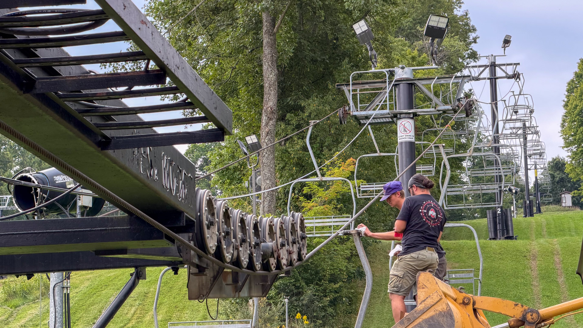 West Woods Triple Chairlift Maintenance in Off-Season Snow Trails Ohio
