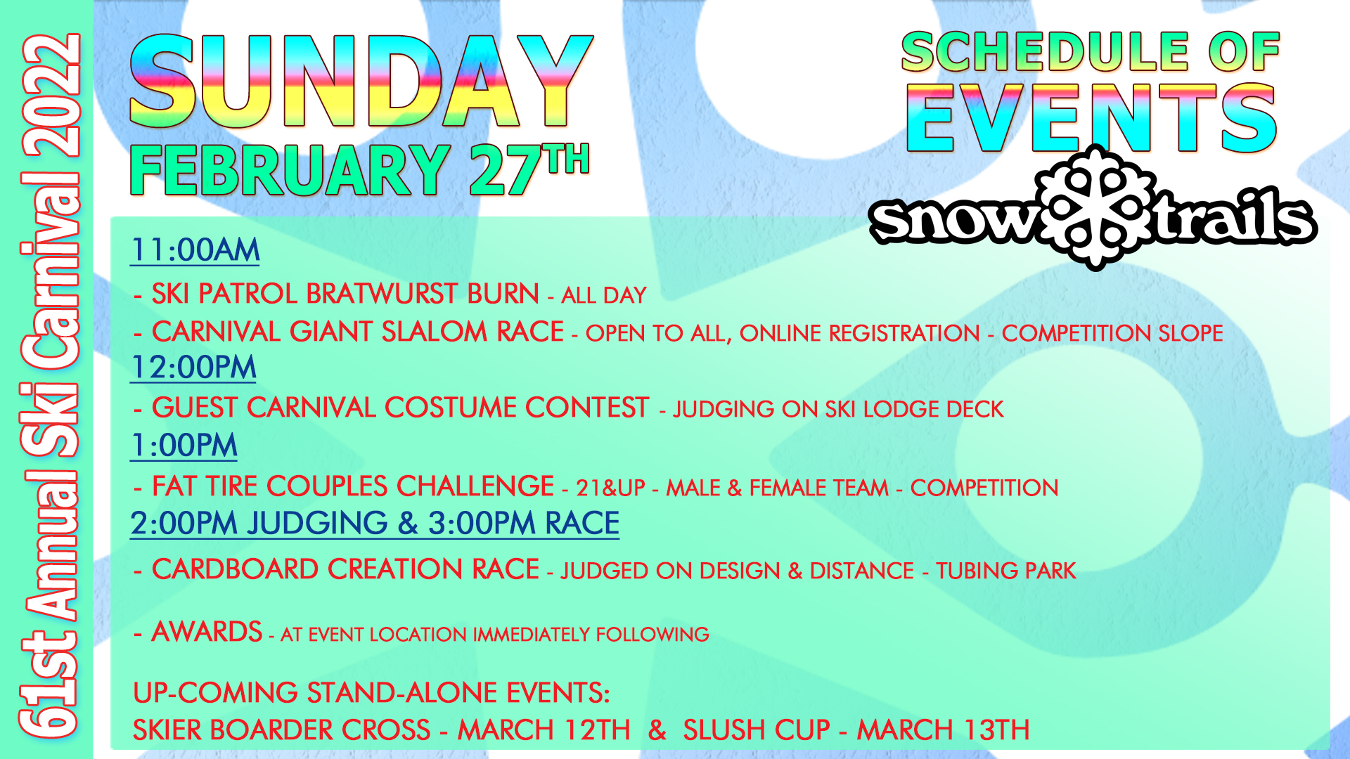 Snow Trails 61st Annual Ski Carnival Sunday Schedule 2-27-22