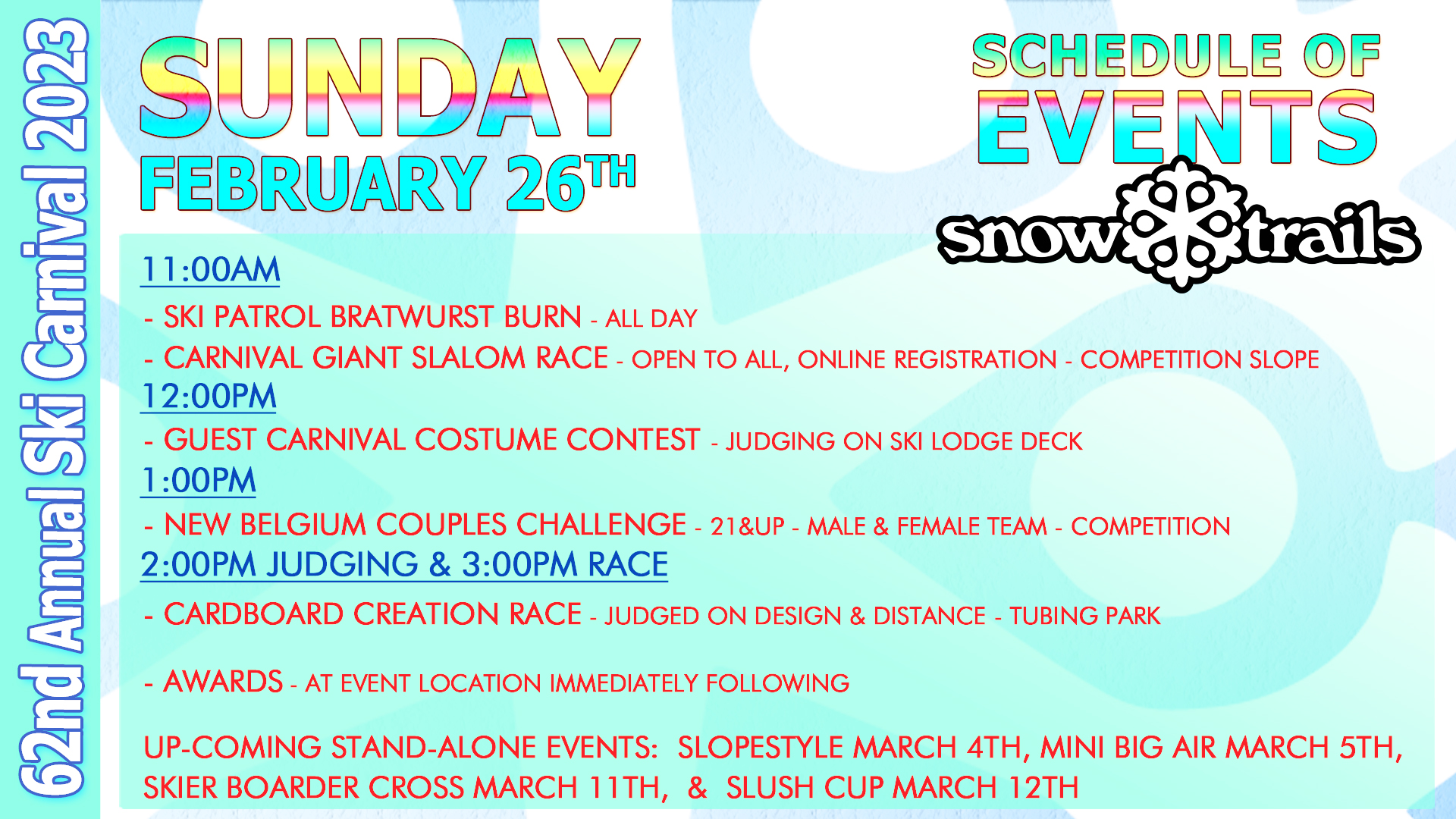 Snow Trails 62nd Annual Ski Carnival Sunday Schedule 2-26-23