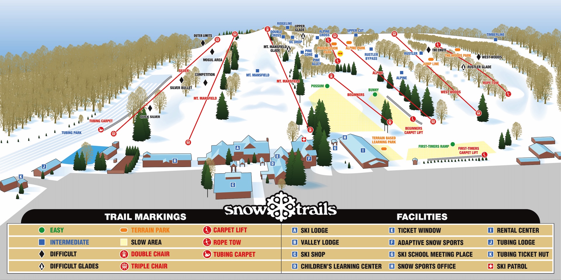Trail Map - New Addition of Rope Tow for Alpine and Progression Terrain Parks at Snow Trails Mansfield, Ohio